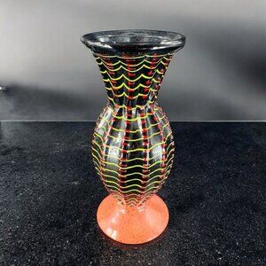 Hand‎ Blown Studio Art Glass Vase Halloween Decor Artist Signed Red Black Spider